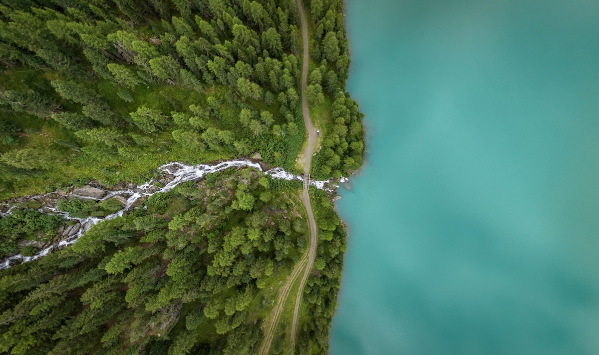 eine Straße und Wasser neben einem Wald